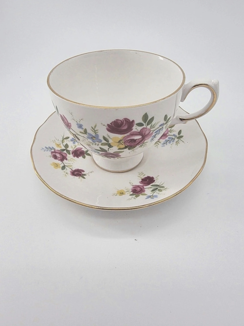 Vintage Queen Anne Bone China Teacup Saucer Set Floral Rose Gold Trim